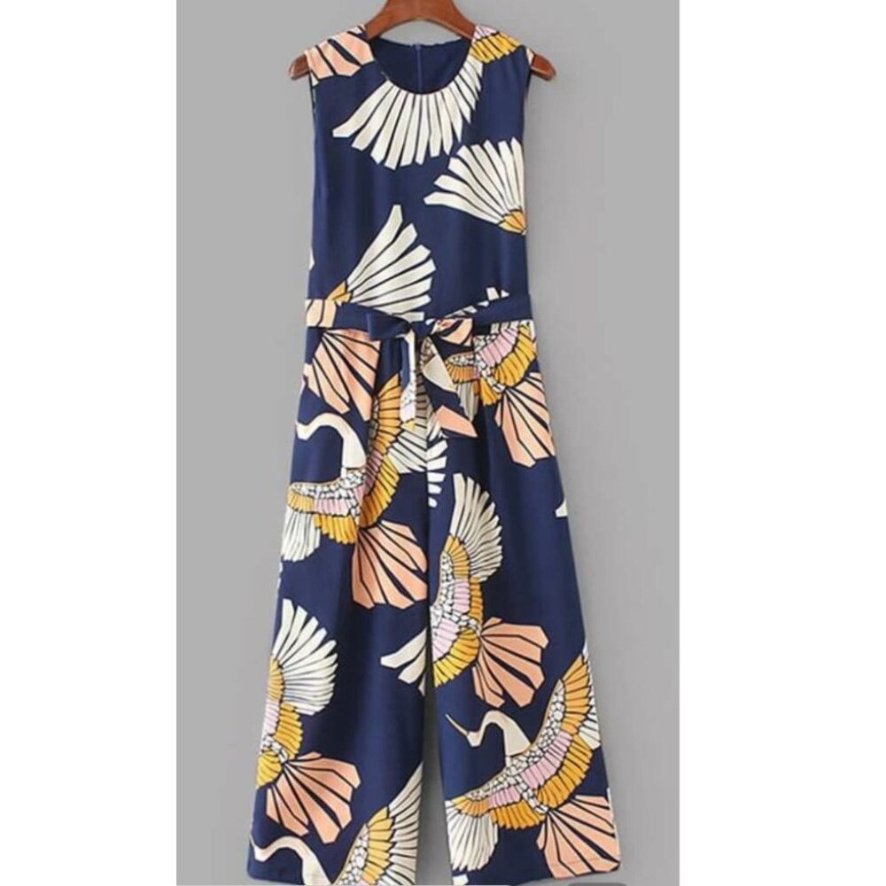 SHEIN Cranes print belted wide leg jumpsuit, size L